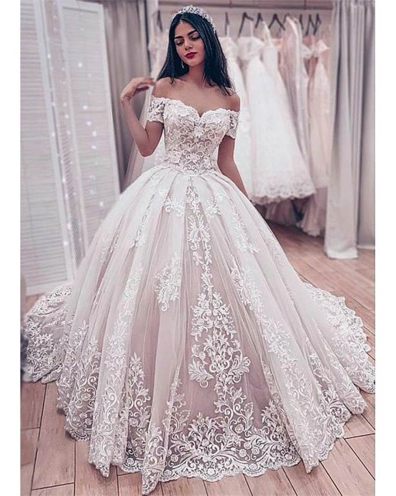 Romantic Off the Shoulder Women Lace Wedding Dress Ivory / Blush Pink Ball Gown Bridal Gown WD01207