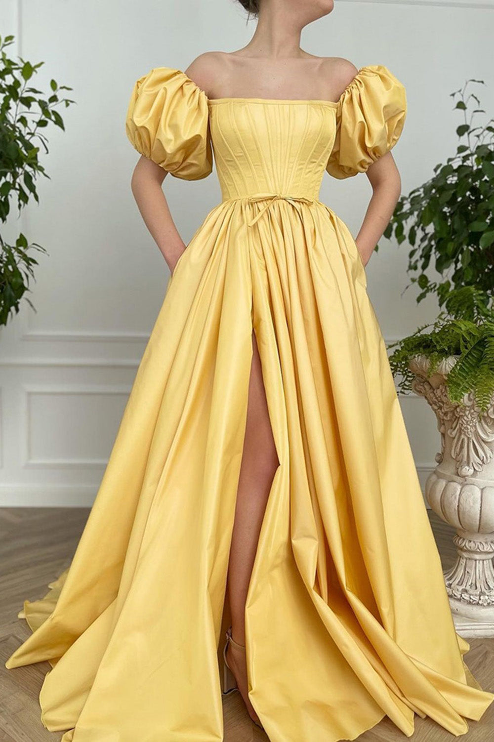 Vintage Yellow Goth Puffy Sleeves A Line Satin Slit Leg 80s Prom Dress Siaoryne Vintage Yellow Goth Puffy Sleeves A Line Satin Slit Leg 80s Prom Dress Siaoryne