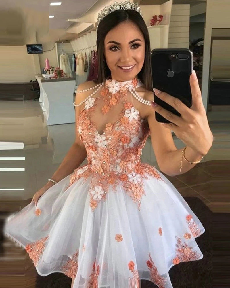 Vestido de fiesta corto de octavo grado con escote halter, flores de encaje, blanco y rosa SP2716 