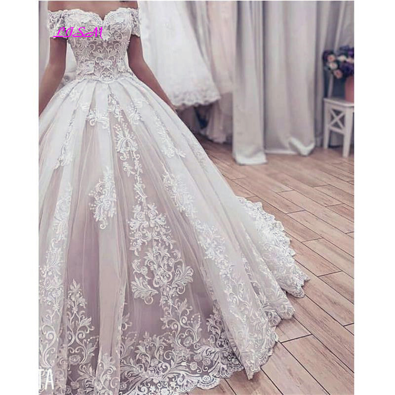 Romantic Off the Shoulder Women Lace Wedding Dress Ivory / Blush Pink Ball Gown Bridal Gown WD01207