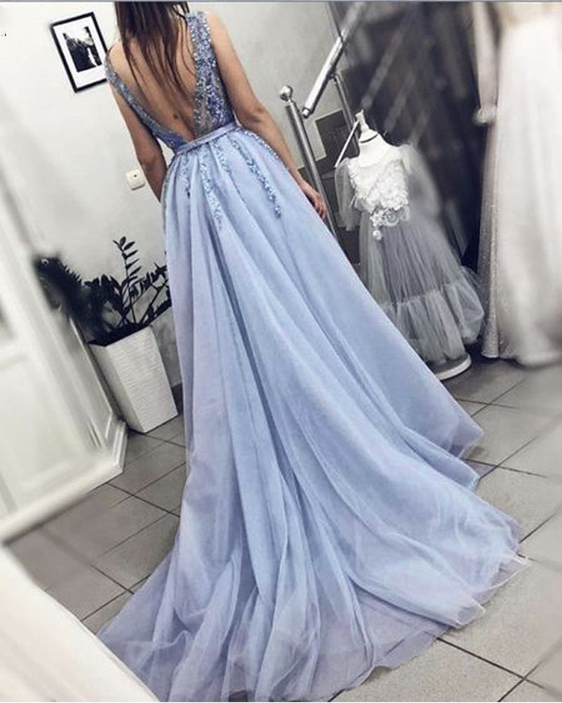 Siaoryne PL2011 Pale cornflower blue Plunge V Neck Lace Flwoers 2023 Long Prom Dress Women Evening Formal Gowns