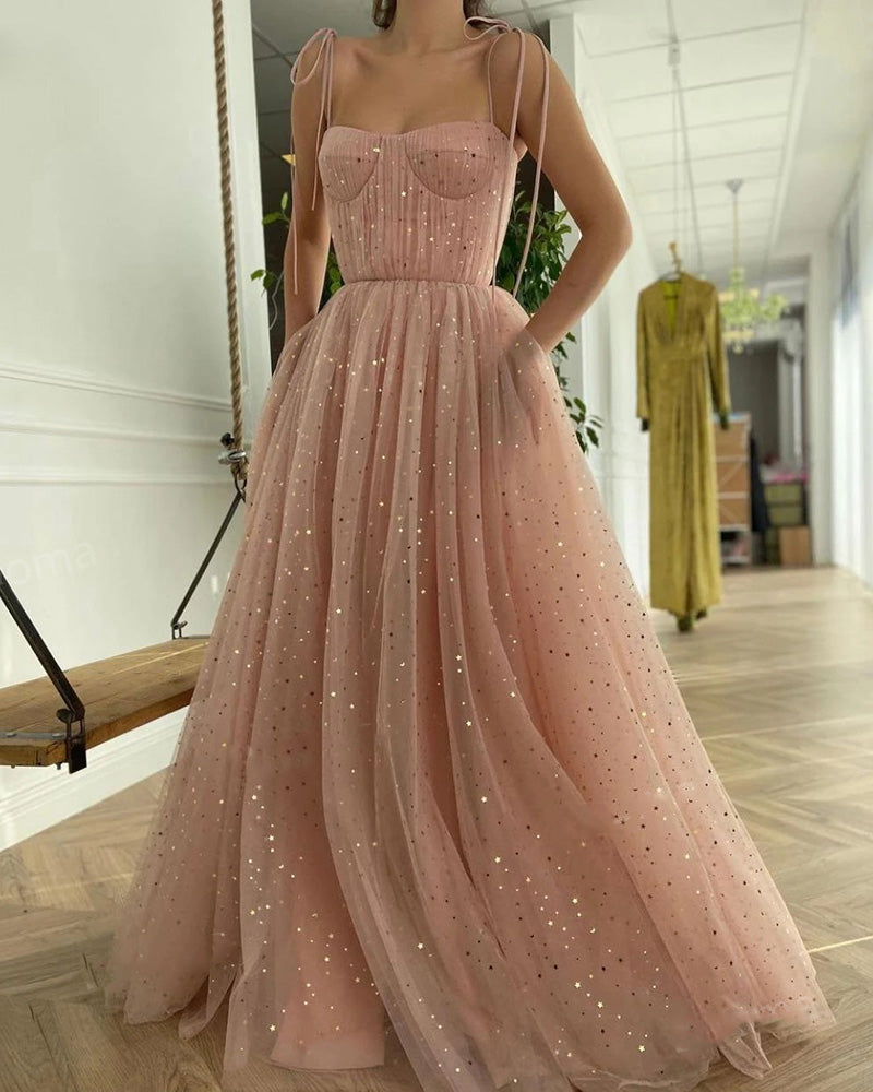 Impresionantes vestidos de fiesta largos de tul rosa con lentejuelas en forma de A y estilo cottagecore 2022 