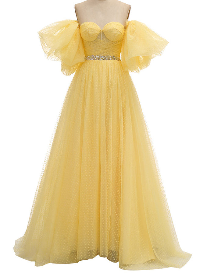 Wome Dot Tulle Yellow Prom Dresses  Puffy Sleeves Elegant Young Girl Vestido De festa PL07151
