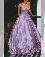 Glitter Purple Prom Dresses Long 2023 With Pockets Spaghetti Strap Formal Gown Lace Up Back