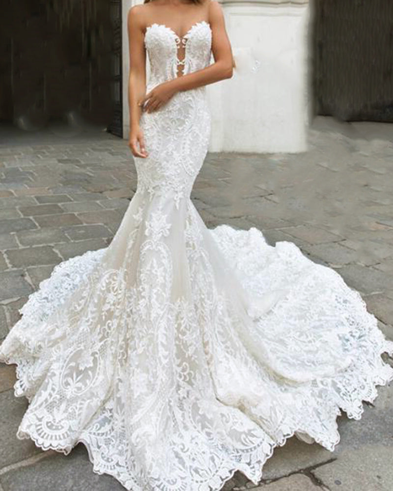 Impresionantes vestidos de novia formales de encaje con cola de pez y escote en forma de sirena WD01221 