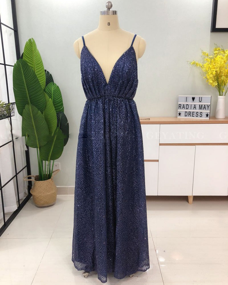 Siaoryne Rose Gold Bling Bling Women Sexy Backless Long Evening Gowns with Straps  Sequins PL1211