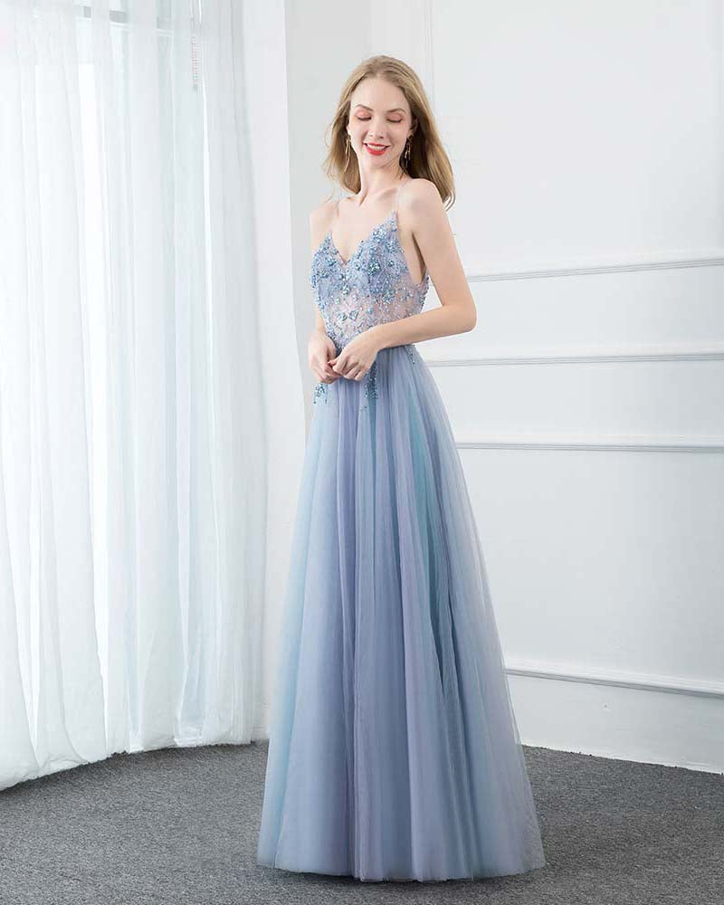Sexy Spaghetti Straps Blue Long Prom Dresses Long with Slit Vestido De Festa 2020