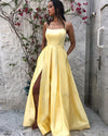 Spaghetti Straps Sexy Slit Formal Wedding Party Gown A Line Satin Yellow Prom Long Dress PL08092