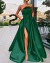 Sexy Emerald Green Strapless A Line satin Basic Prom Dress Long Party Gown with Pocket and Slit PL10425