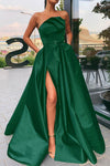 Sexy Emerald Green Strapless A Line satin Basic Prom Dress Long Party Gown with Pocket and Slit PL10425