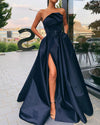 Sexy Emerald Green Strapless A Line satin Basic Prom Dress Long Party Gown with Pocket and Slit PL10425