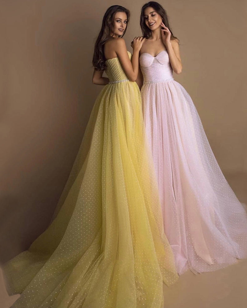Wome Dot Tulle Yellow Prom Dresses  Puffy Sleeves Elegant Young Girl Vestido De festa PL07151