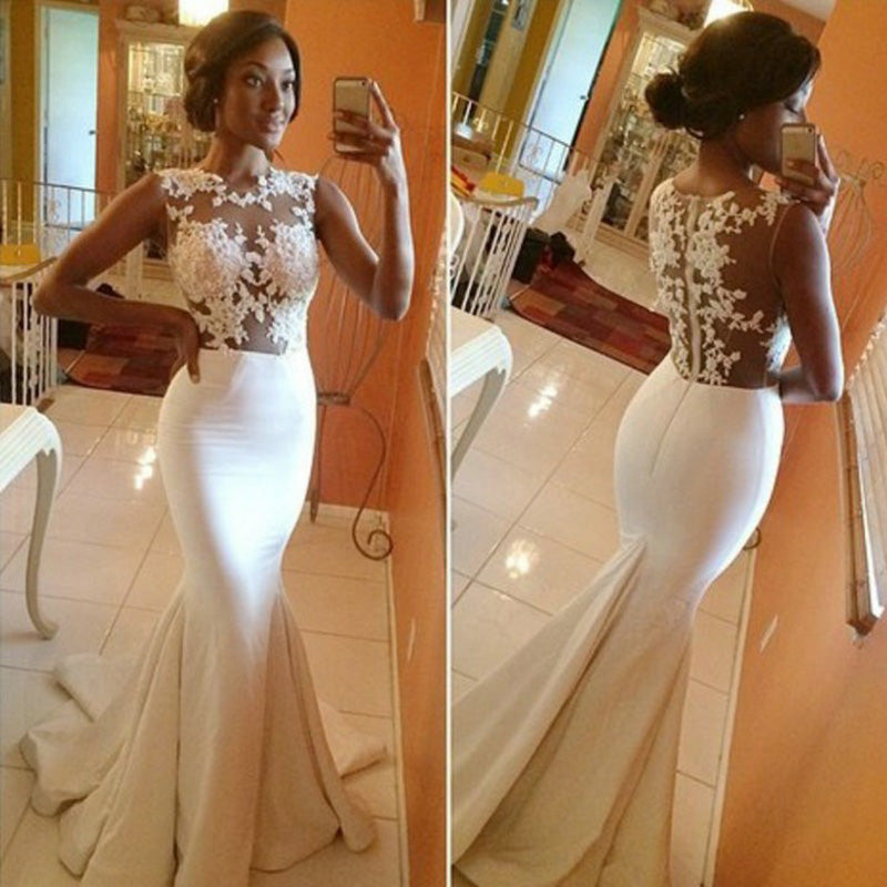 Boat Neck Sexy Mermaid Wedding Dresses Lace Appliqued Bridal Gowns