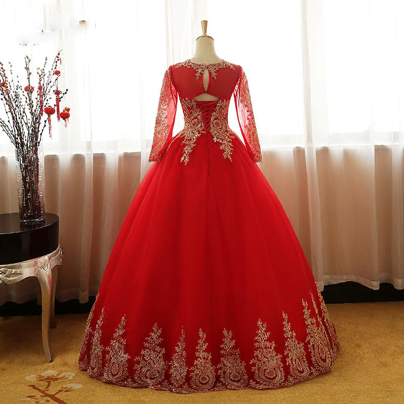Red and Gold Ball Gown prom dress with Long Sleeves Wedding gown WD750