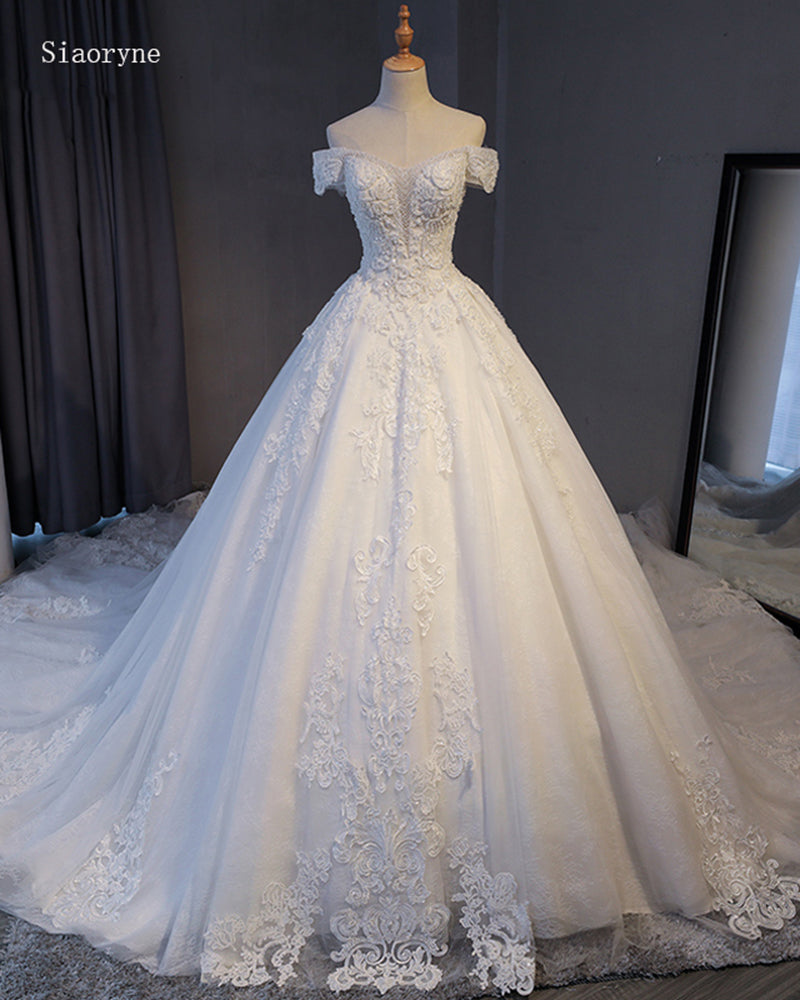Siaoryne Gorgeous Appliques Lace Chapel Train A-Line Wedding Dress 2024 Luxury Beaded Boat Neck Sexy Bridal Gown Vestido de Noiva WD01219
