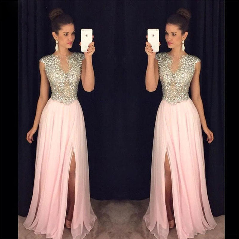 Amazing Crystal A Line Chiffon Prom Formal Dresses Women Long Cap Sleeves Graduation Party Gown