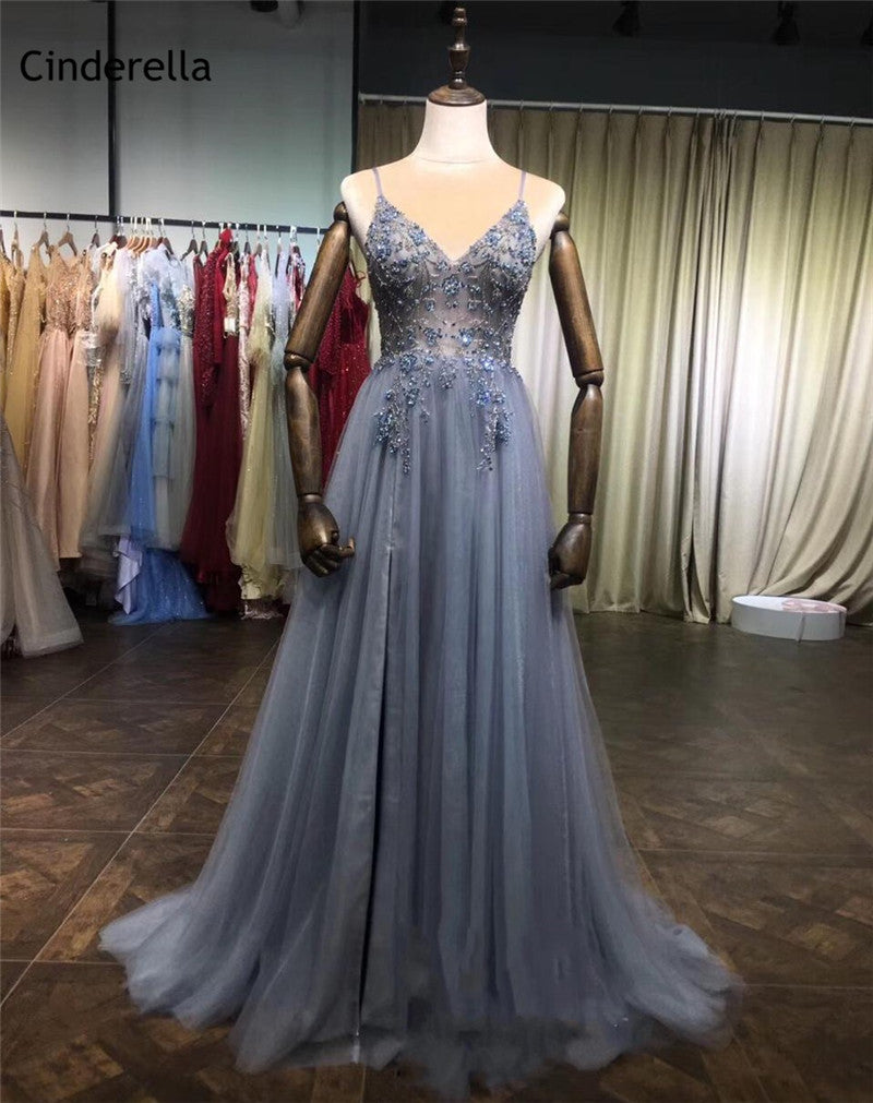 PL1103 Fancy Sexy Tulle Slit Lace Beading Prom Dresses Long Gown Vestido De Festa 2022