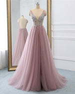 Dusty Mauve Pink Sexy V Beck Beaded Long Prom Dress 2022 PL22781