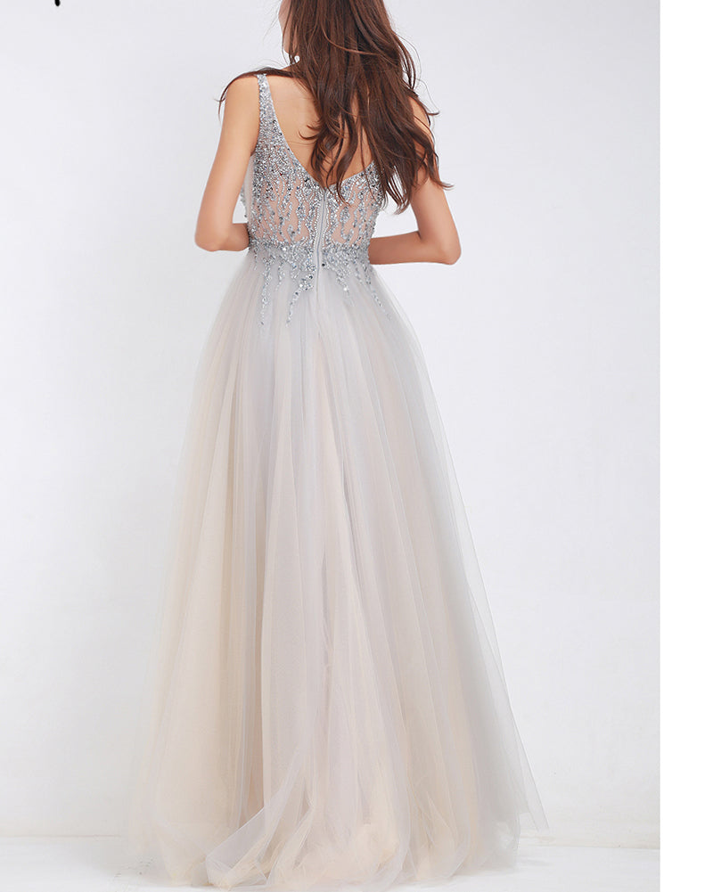 Siaoryne 2020 Prom Dress sexy Light Illusion Tulle crystal V-Neck Sleeveless A-Line Long Prom Party Woman Dress