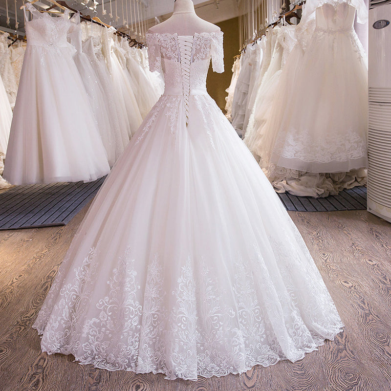 Romantic Off Shoulder Princess A Line White Wedding Dress Lace Bridal Dress with Short Sleeves