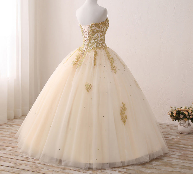 Sparkle Gold Lace Ball Gown Prom Dress Princess Quinceanera Dresses 2018 Girls Sweet 16 Party Gown with Beading