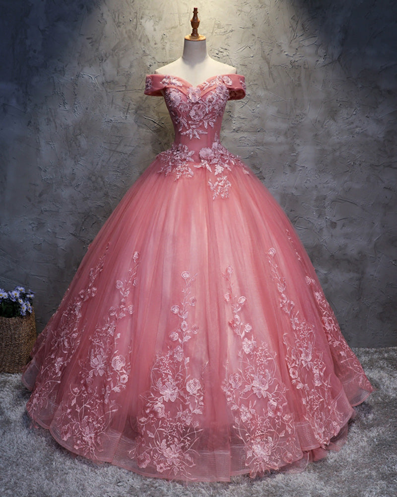 Pink Off the Shoulder Lace Flowers Ball Gown Prom Dress Sweet 15 /16 years Debutante Quinceanera Gown