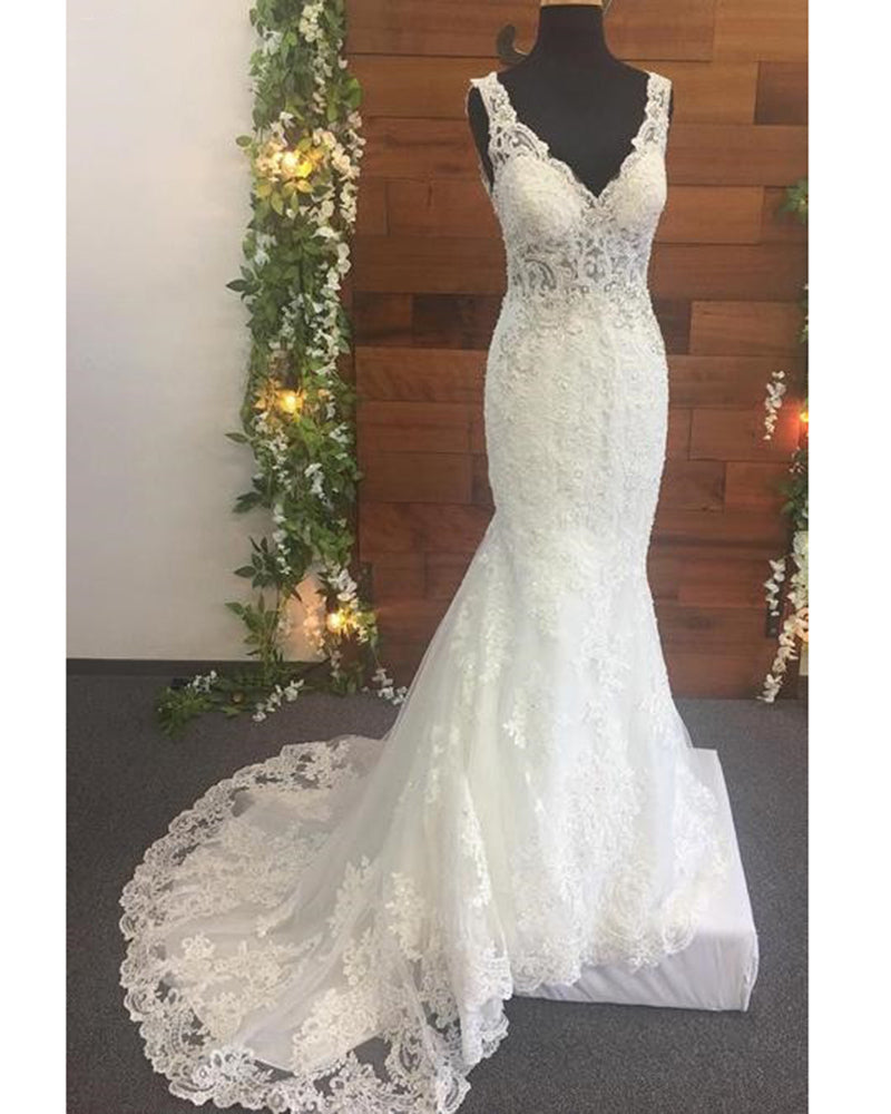 Classic Mermaid  Online Cheap Prices Lace Wedding Dress with Straps 2020 Bridal Gown Robe De Mariee WD0904