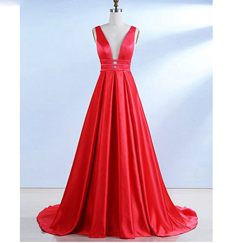 Elegant V Neck Dark Red Prom Dress Satin A Line Formal Graduation Formal Evening Gown Long LP782