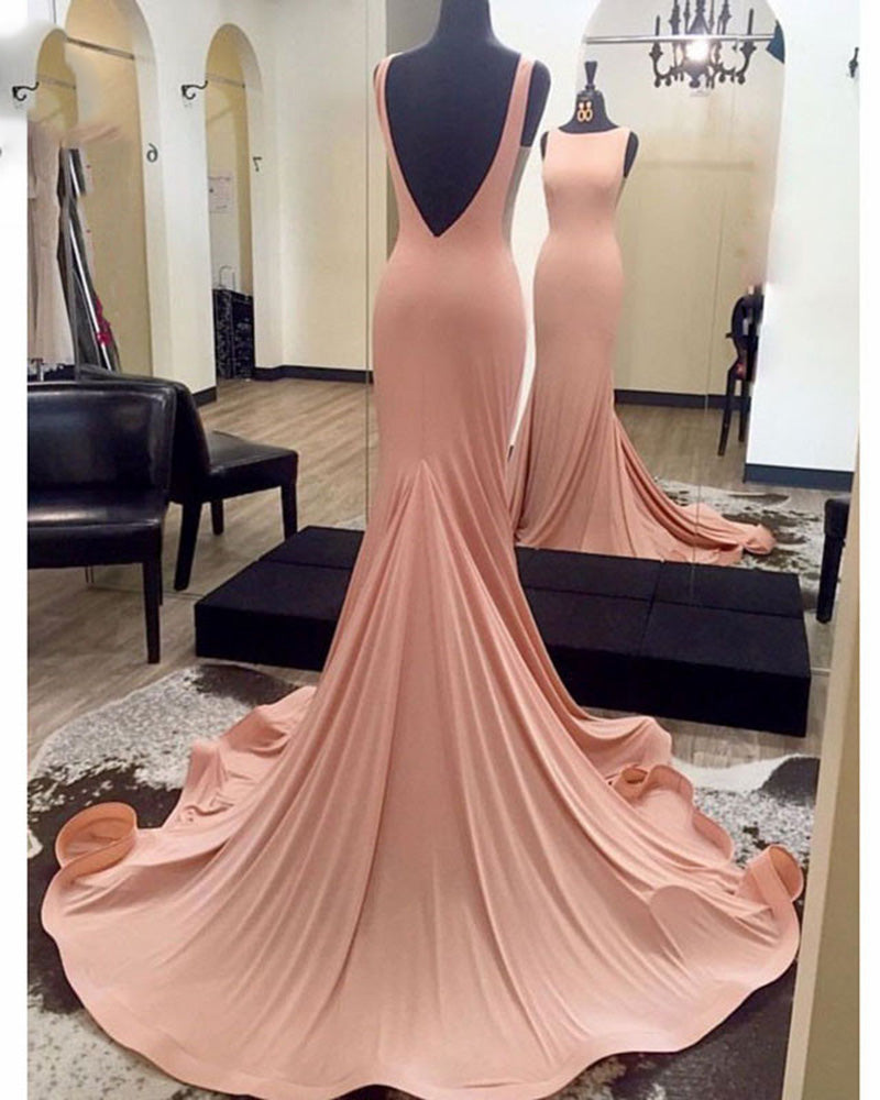 Boat Neck Coral Pink Fitted Long Evening Prom Dresses   PL3677