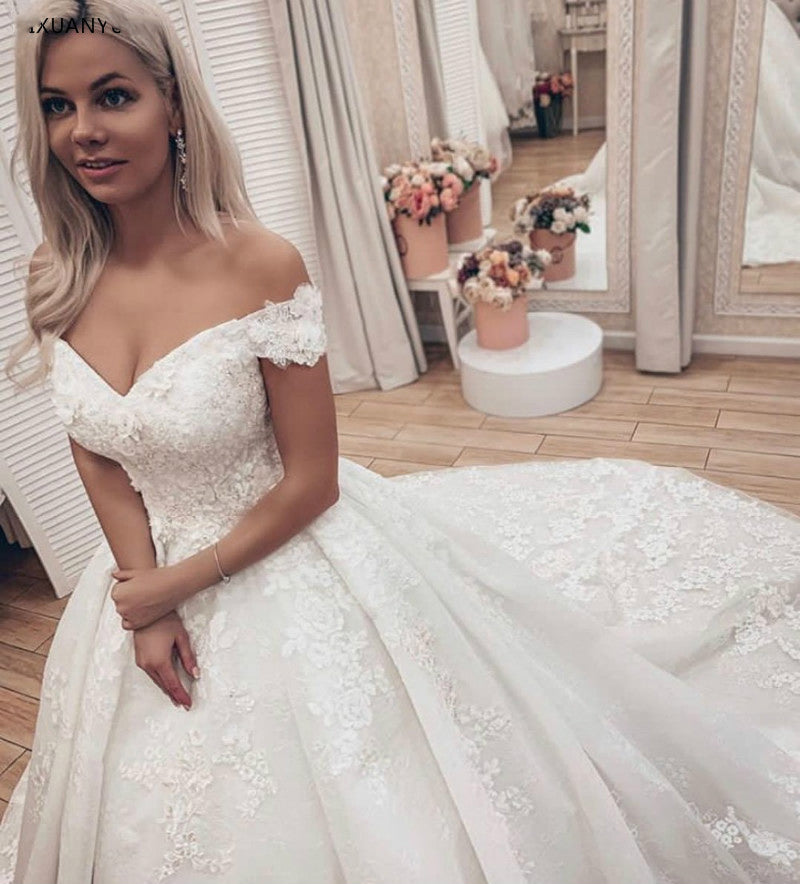 New Off Shoulder Lace Ball Gown Bridal Dress,Iovry /White Wedding Dress for Women WD0613