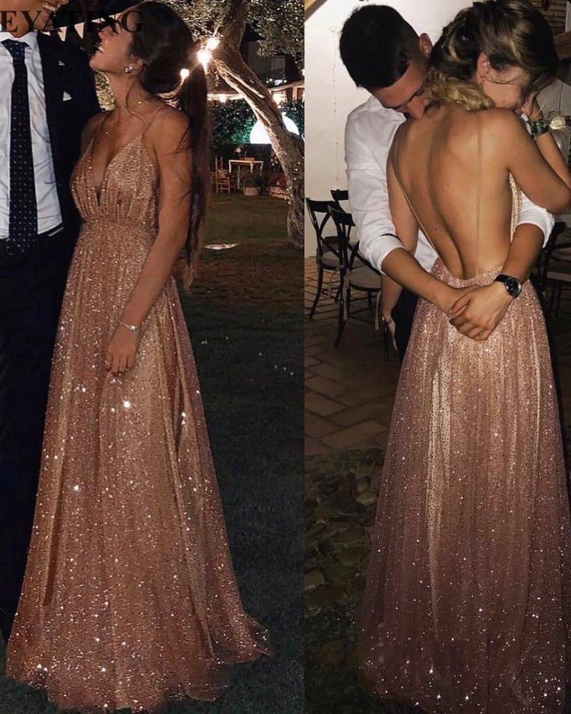 Siaoryne Rose Gold Bling Bling Women Sexy Backless Long Evening Gowns with Straps  Sequins PL1211