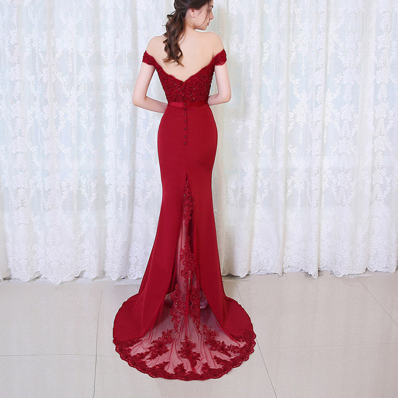 Fabulous  Red Wine Long Evening Dresses Lace Mermaid Formal Gown Vestido De Festa