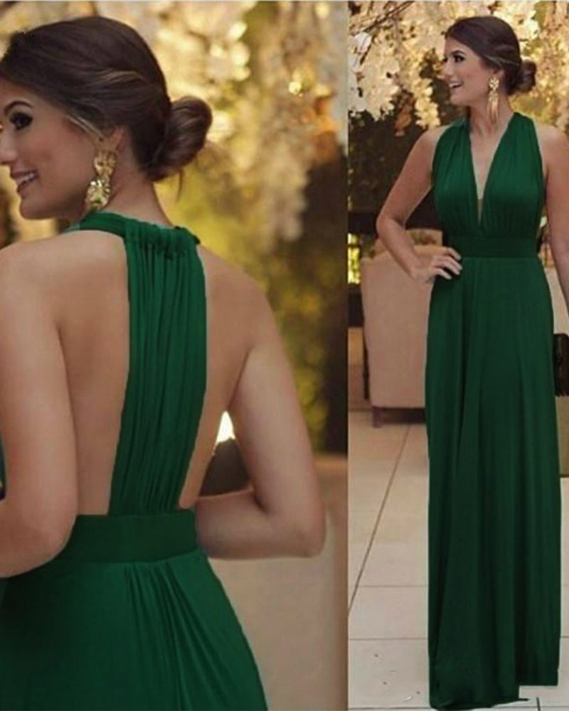 Sexy Deep V Neck  Pleated Chiffon Long Red Evening Prom Dress PL10291
