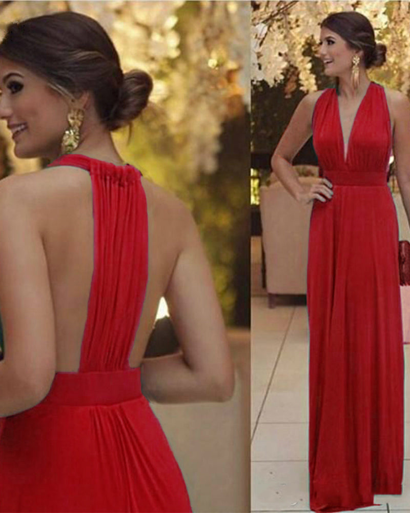 Sexy Deep V Neck  Pleated Chiffon Long Red Evening Prom Dress PL10291