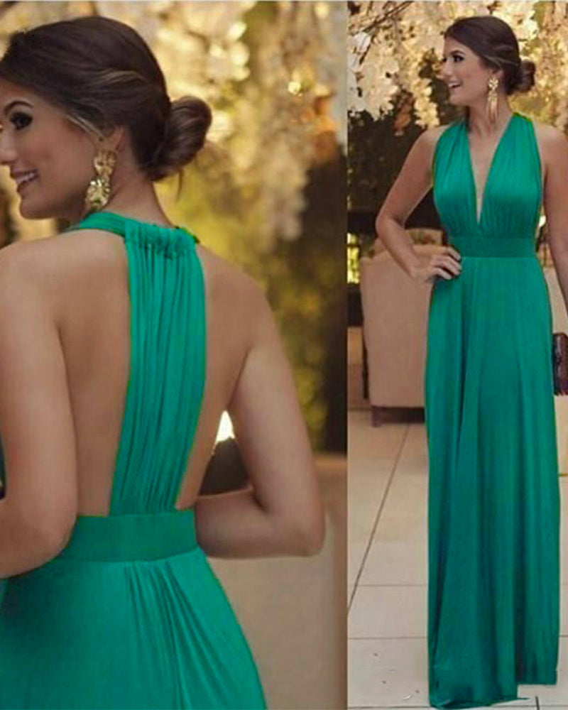 Sexy Deep V Neck  Pleated Chiffon Long Red Evening Prom Dress PL10291