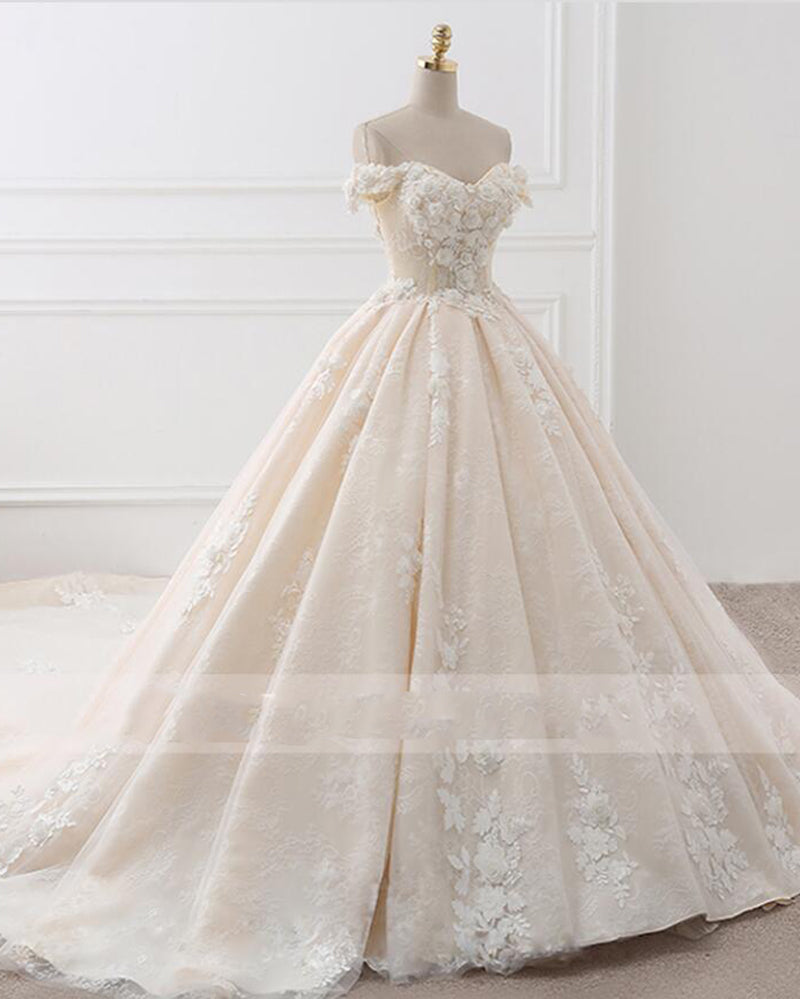 Romantic Off Shoulder Princesss Lace Ball Gown Wedding Dress 2021 with Flowers Robe De Mariee WD01123