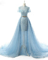 Stylish Blue Lace Beaded Evening Gown with Train Women Formal Carpet Celebrity Dresses PL0721