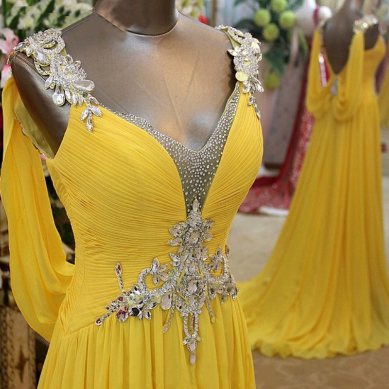 LP5514 Yellow Long Prom Dresses 2018 Crystal Evening Formal Gown Chiffon