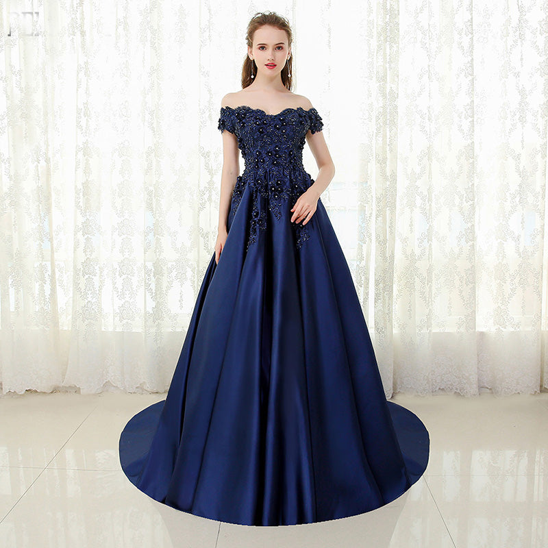 Vestido de fiesta de satén con encaje y hombros descubiertos en azul marino/burdeos, vestido de compromiso para boda LP0512