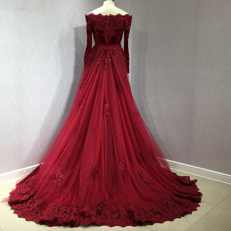 Burgundy Long Sleeves Women Velvet Prom Dresses Arabic Lace Mermaid Evening Long Gown with Removable Train