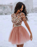 New Short Homecoming Dresses Pearls Beaded Handmade Flower Long Sleeves Prom Dresses Cocktail Dress
