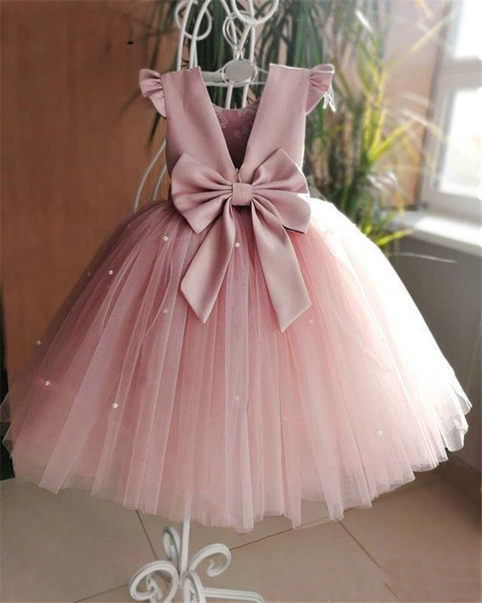 LG0523 Siaoryne  Pink Little Flower Girls Dress For BirthdayParty  Ball Gowns With Bow Pearls Ankle Length O-Neck Kids Pageant Dress