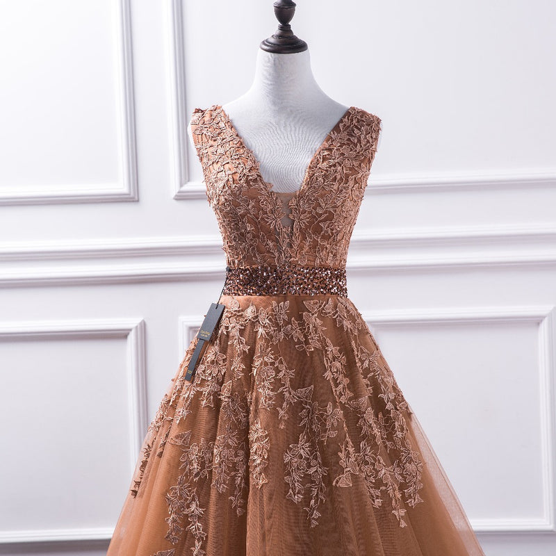 V Neck Tulle Prom Dress Lace Long Gown LP221