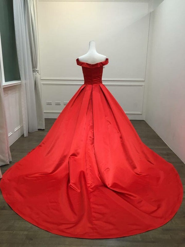 Red Satin Ball Gown prom Dress Long Evening Gown Women Formal Engagement Gown