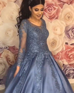 Dust Blue Wedding Dress Lace Long Sleeved Ball Gown Women Formal Evening Wedding Party Dress WD0616