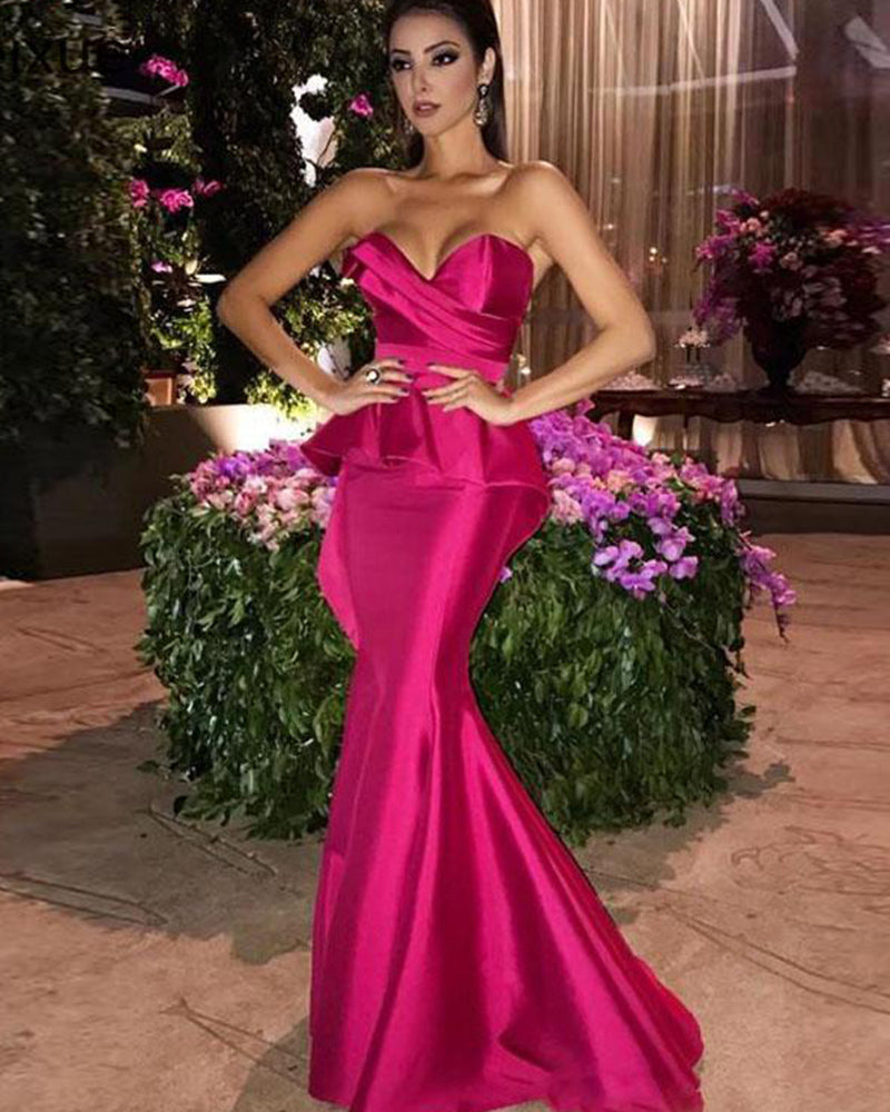 Fuchsia Pink Sweethear Memaid Satin Evening Dress Women Formal Wear Robe De Soiree PL10254