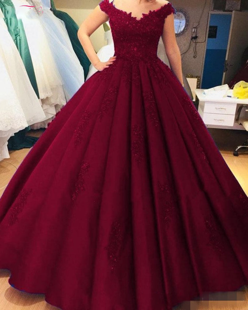 Vestido de novia de encaje rojo burdeos con escote en V y manga corta, vestido de noche formal de princesa, vestido de debutante PL10308 