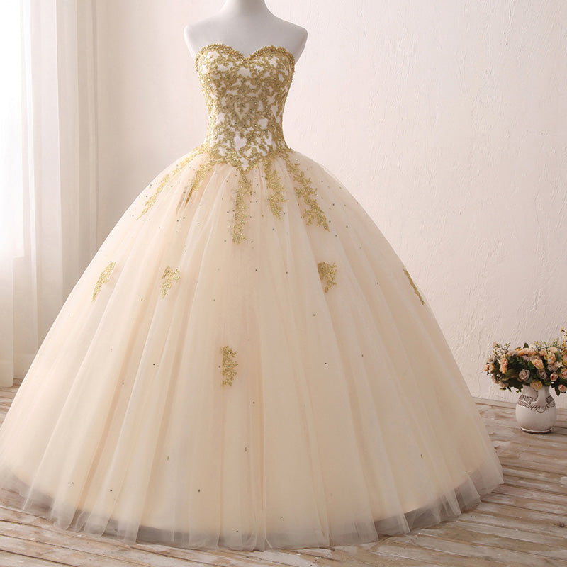 Sparkle Gold Lace Ball Gown Prom Dress Princess Quinceanera Dresses 2018 Girls Sweet 16 Party Gown with Beading