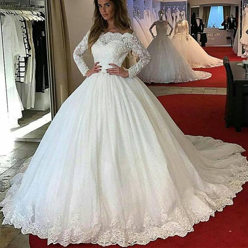 LP1245 off the Shoulder Long Sleeves Lace Ball Gown Wedding Dress Princess Bridal Gown 2018