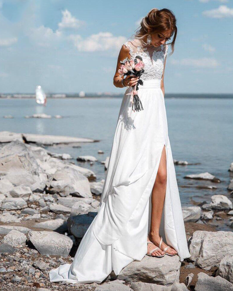 Elegant Cap Sleeves Vintage Lace and Chiffon Split Beach Wedding Dress Vestido De Novias WD10122